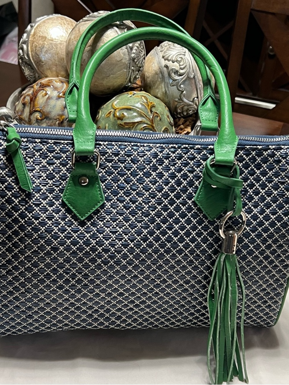 Navy Woven Tote with Green Trim and Tassel
